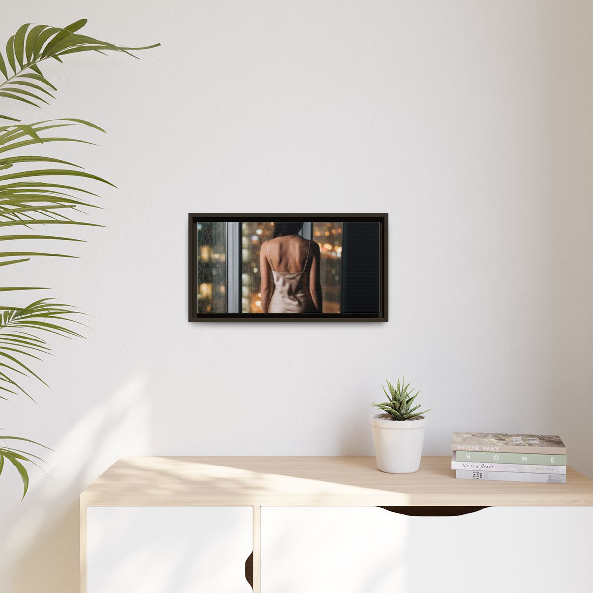 Matte Canvas, Framed - Rainy City lights Glow — Espresso /...