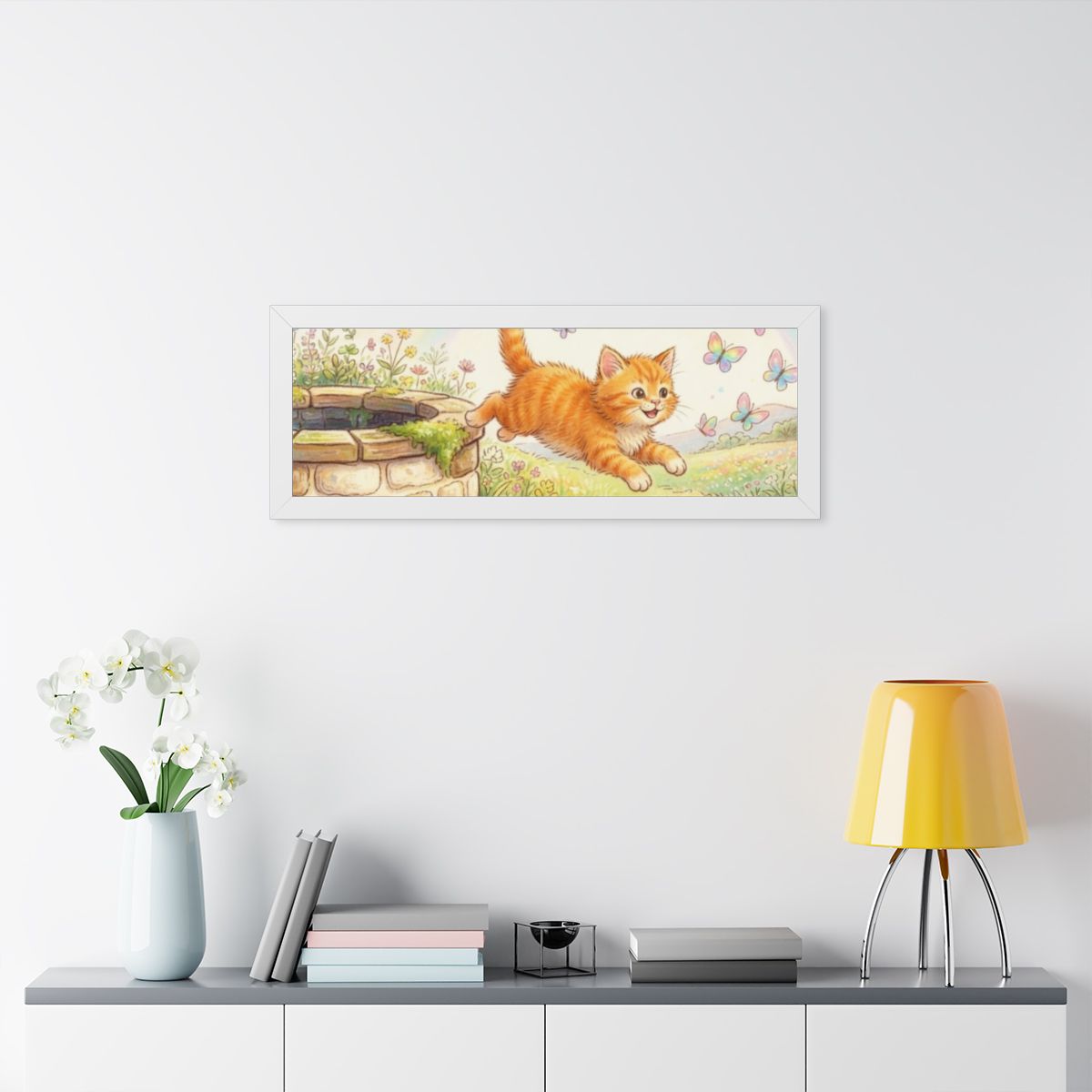 Framed Horizontal Poster - Joyful Kitten Meadow — White... |...