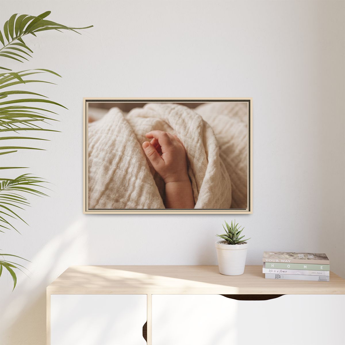 Matte Canvas, Framed - Tender Newborn Hand in Soft Muslin......