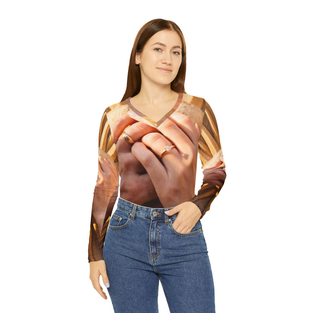 Women's V-neck Long Sleeve Clasped Hands Art Shirt