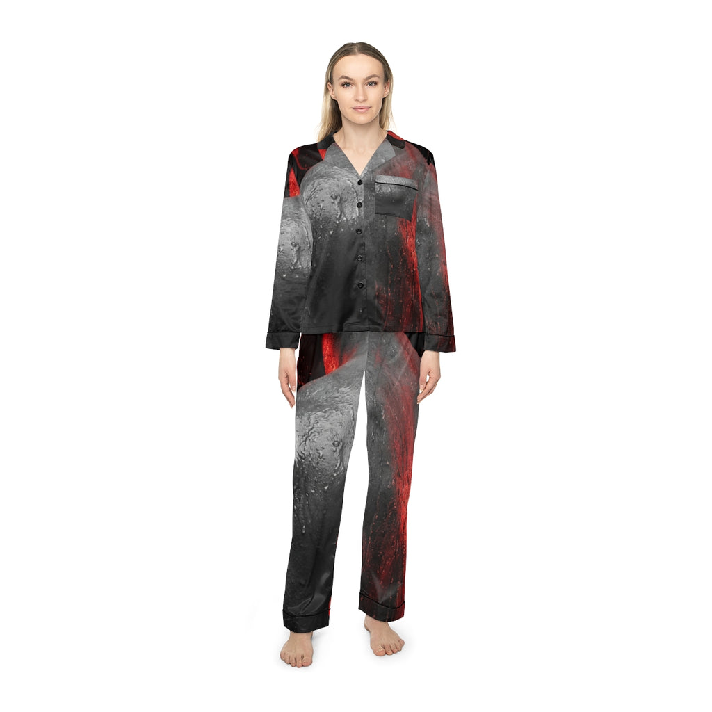 Women's Satin Pajamas with Crimson Silhouette Art