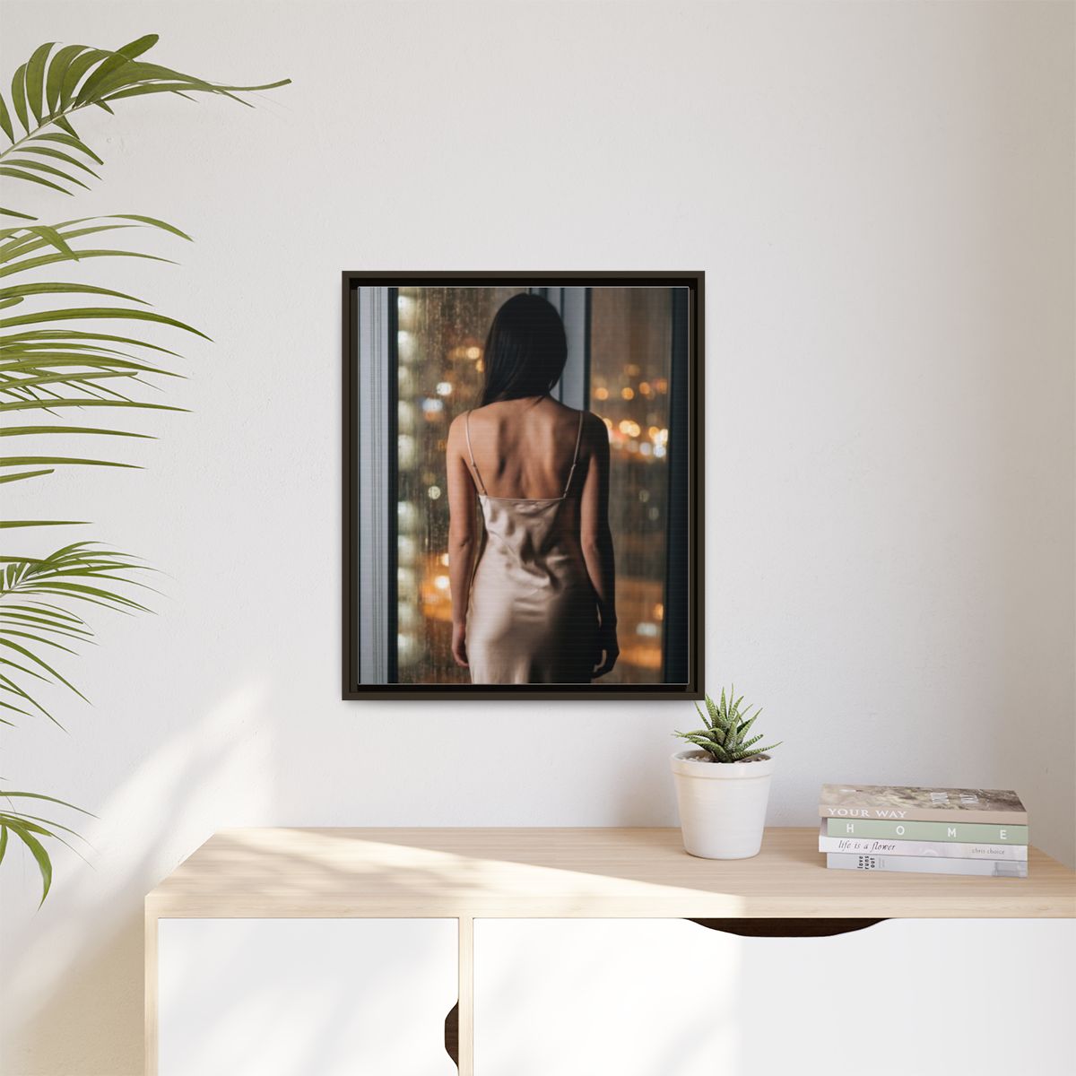 Matte Canvas, Framed - Rainy City lights Glow — Espresso /...
