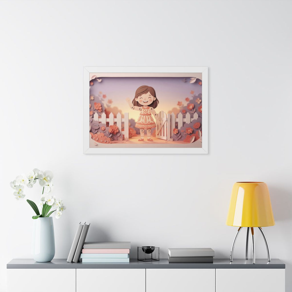 Framed Horizontal Poster - Garden Girl Gate — White (14×11...
