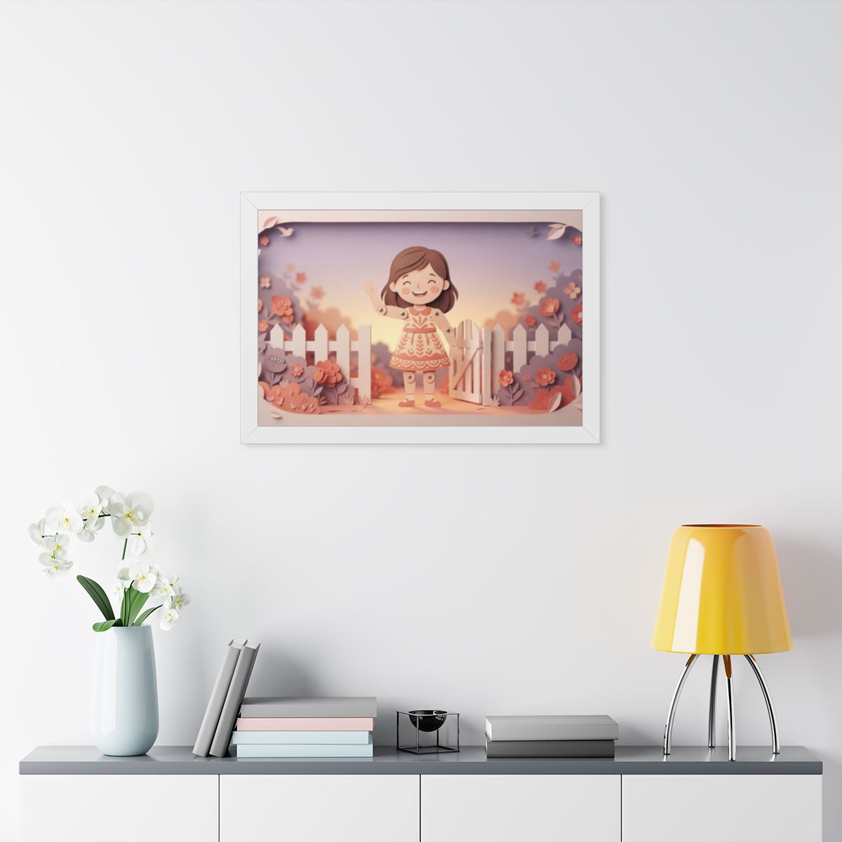 Framed Horizontal Poster - Garden Girl Gate — White (14×11...