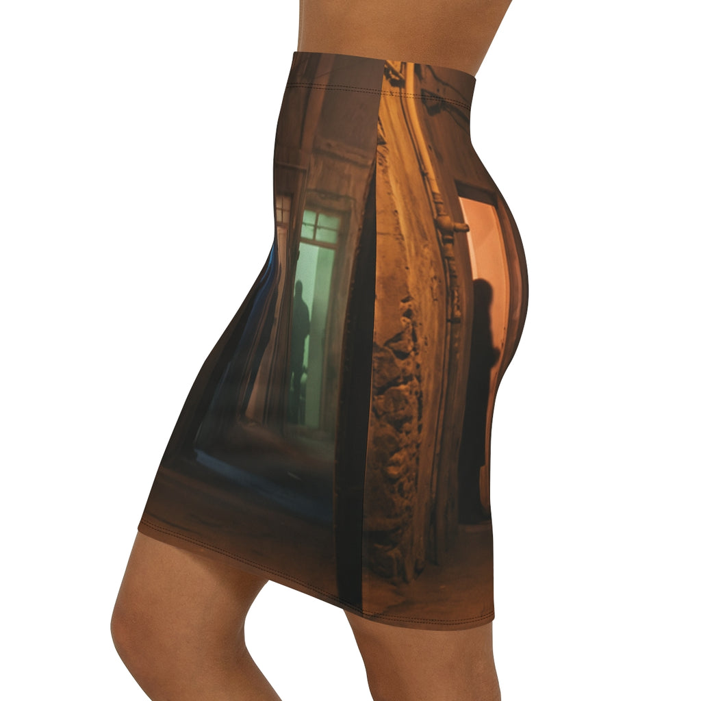 Women's Mid-Waist Pencil Skirt - Shadowed Alleyway Mystery...