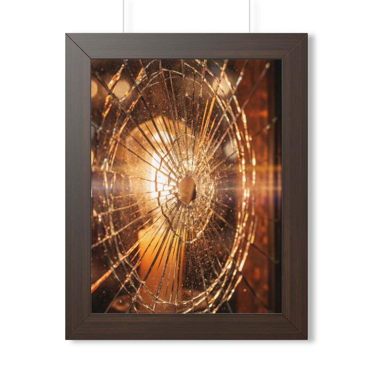 Framed Vertical Poster - Shattered Amber Glass Art — Walnut...