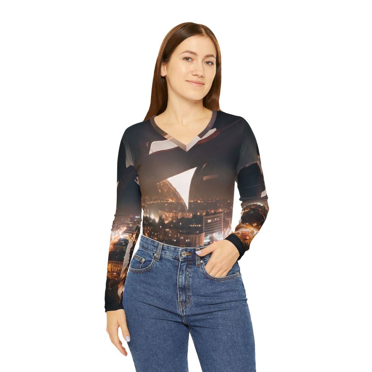 Women's Long Sleeve V-neck Shirt - Midnight City Skyline |...