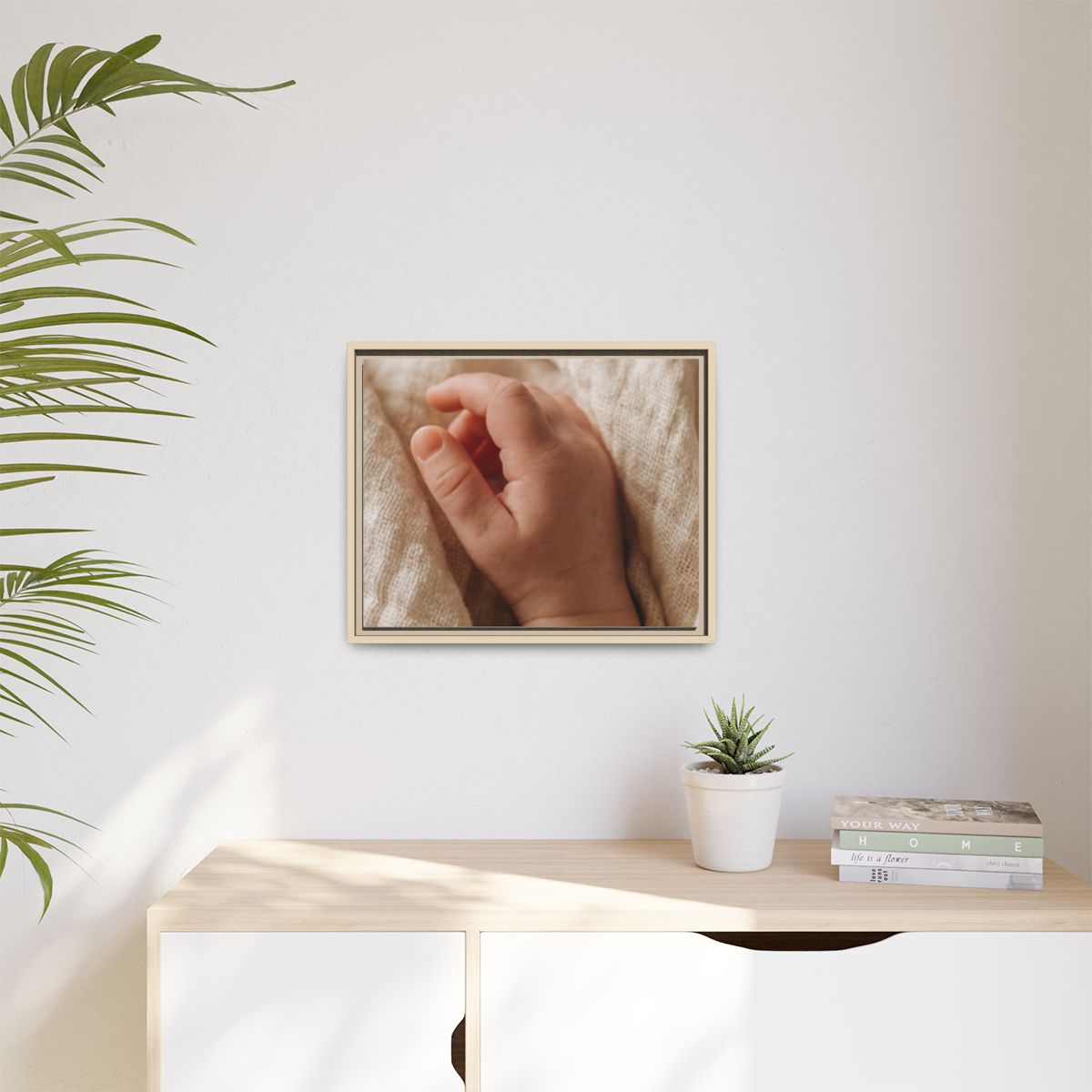 Matte Canvas, Framed - Tender Newborn Hand in Soft Muslin......