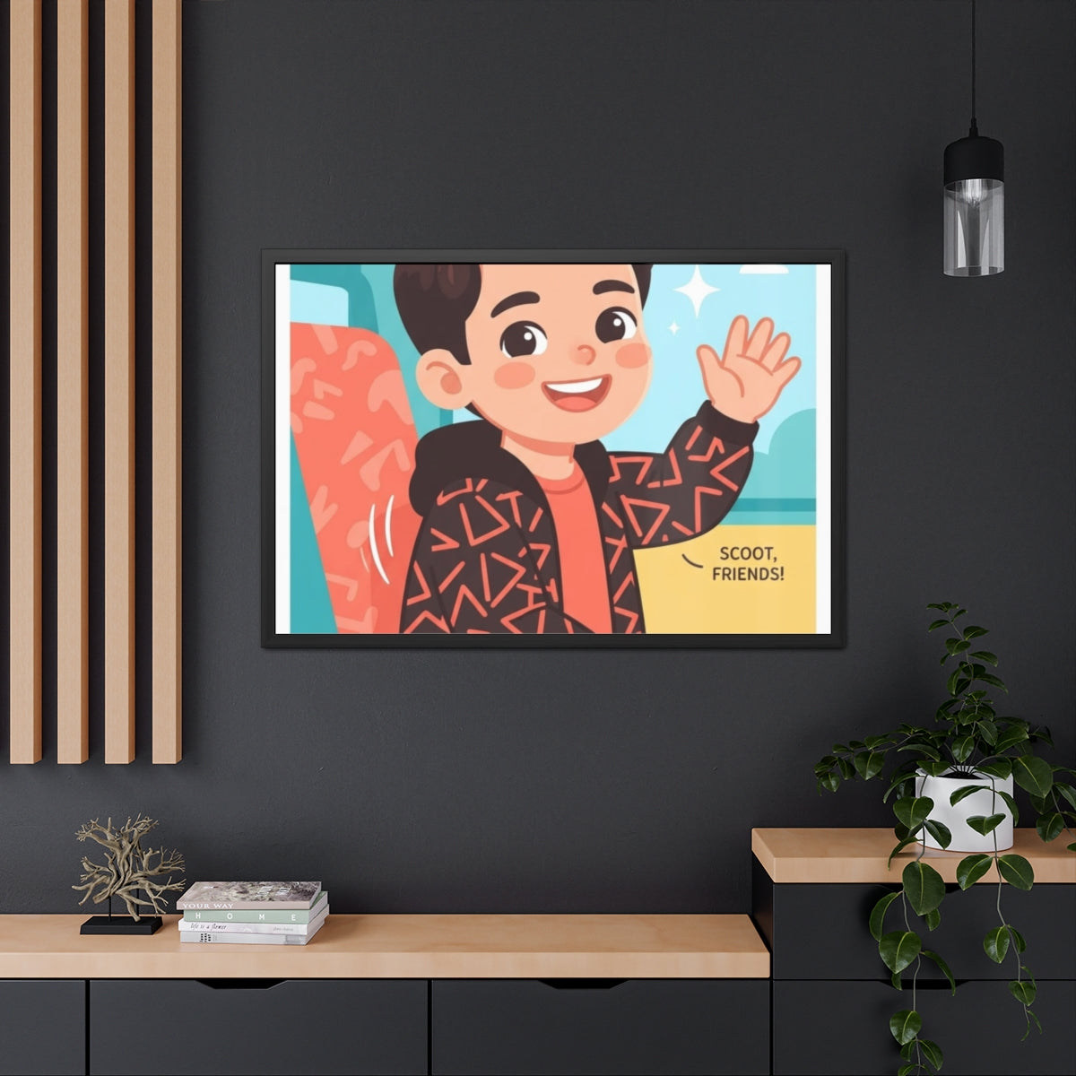 Framed Posters - Sunny Bus Ride Cheerful Boy Illustration —...