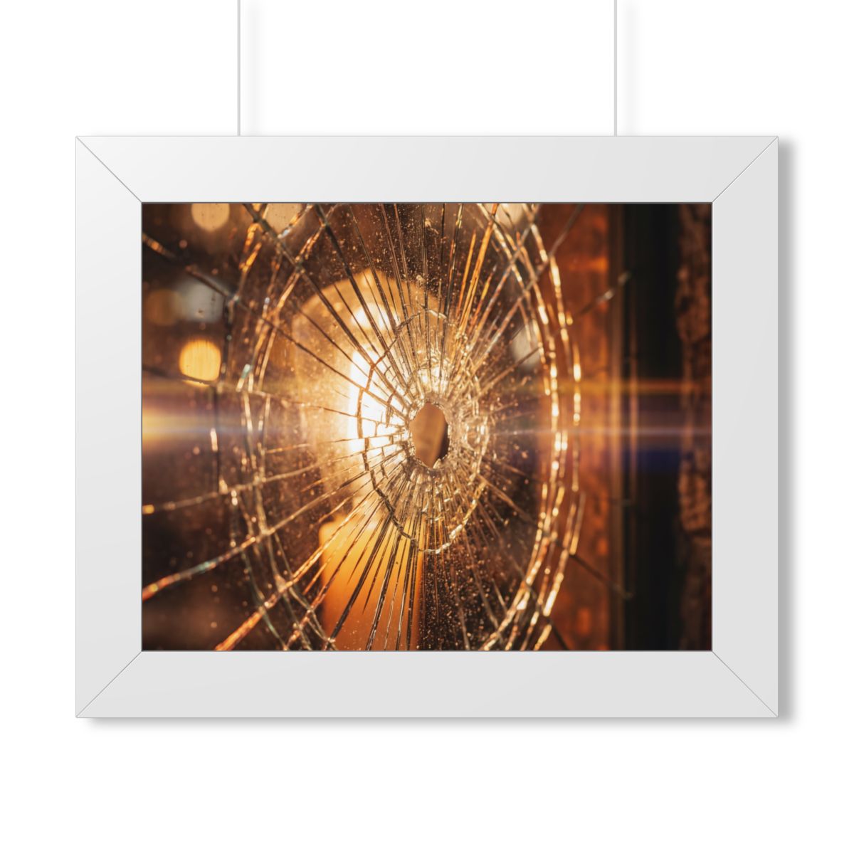 Framed Horizontal Poster - Shattered Amber Glass Art — White...