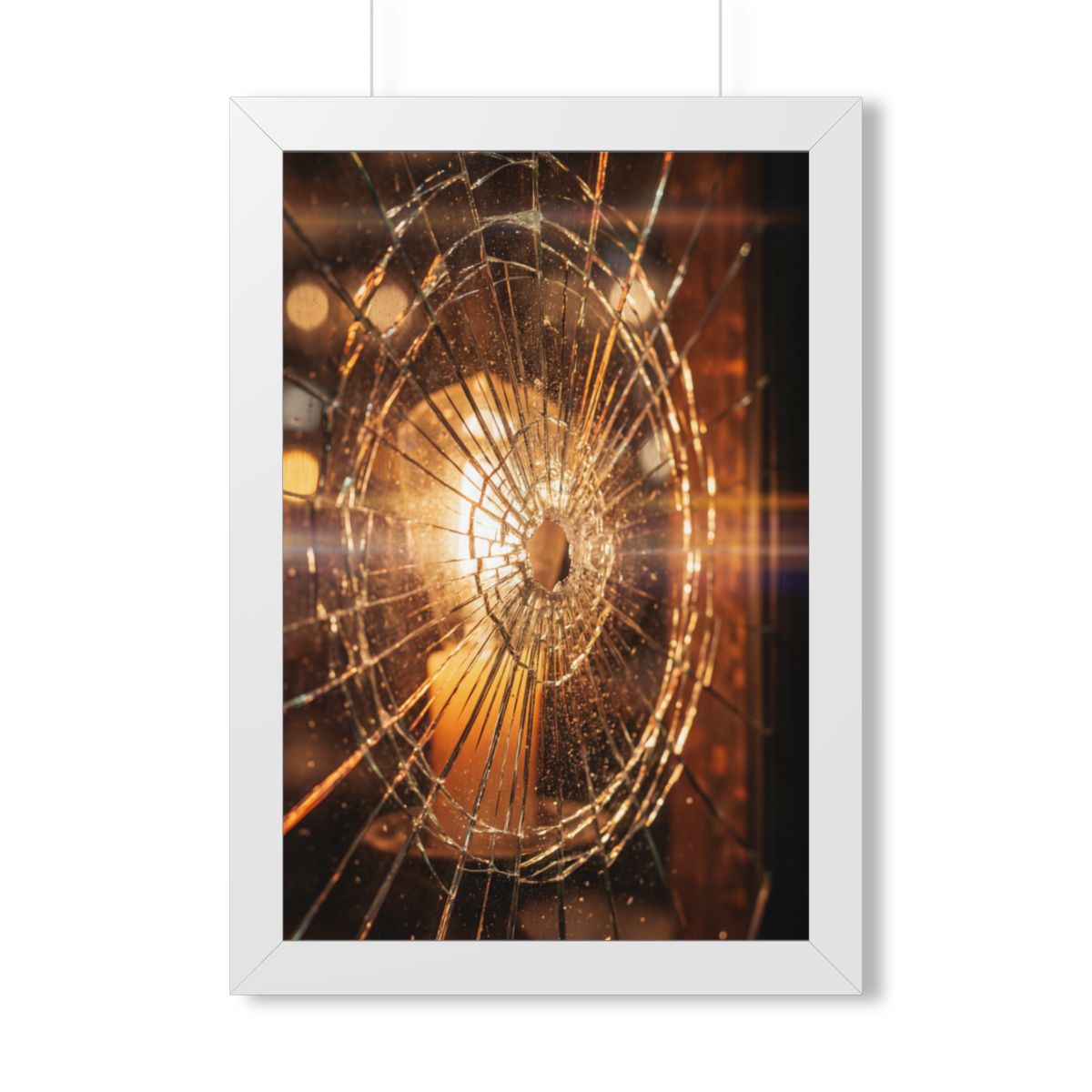 Framed Vertical Poster - Shattered Amber Glass Art — White...