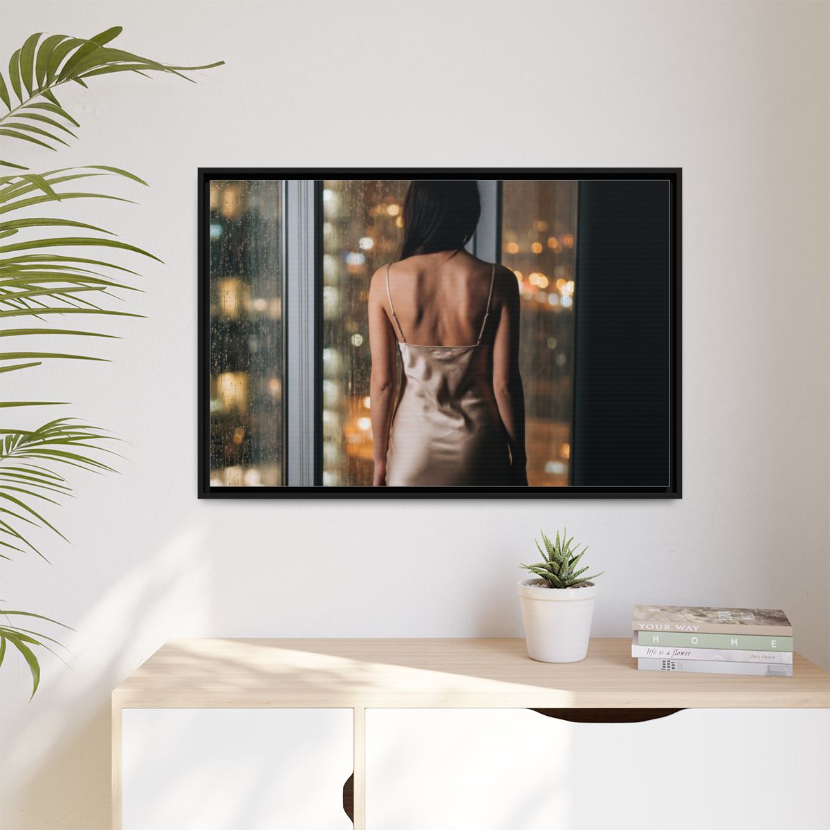Matte Canvas, Framed - Rainy City lights Glow — Black /... |...