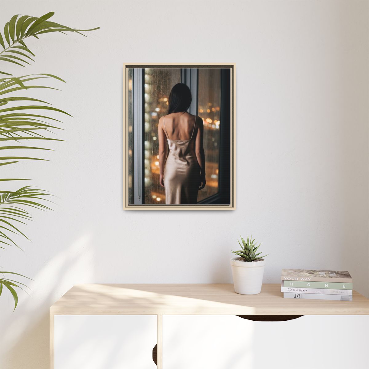 Matte Canvas, Framed - Rainy City lights Glow — Natural /......
