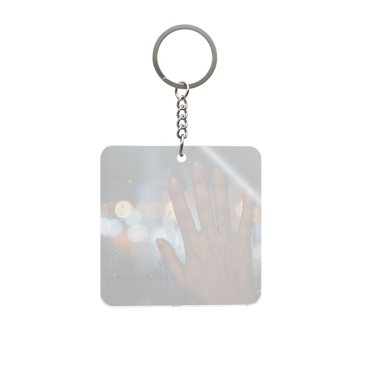 Square Keychain with Rainy City Window Art