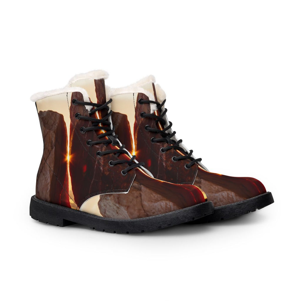 Women's Fur Leather Boots Sunset Horizon Stone Art