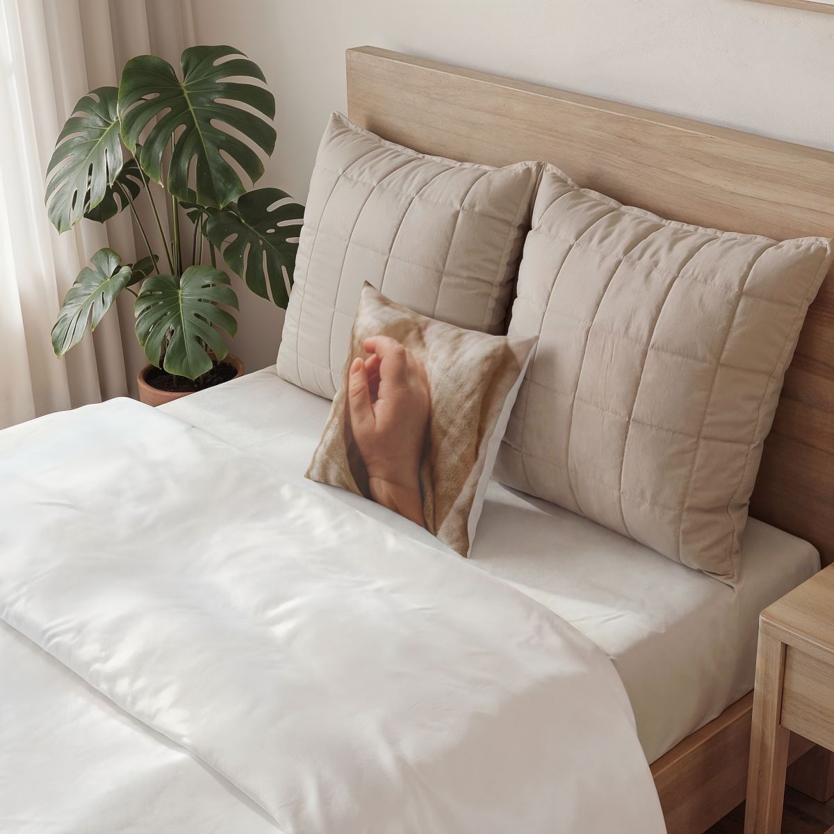 Poly Velvet Pillow - Tender Newborn Hand in Soft Muslin... |...