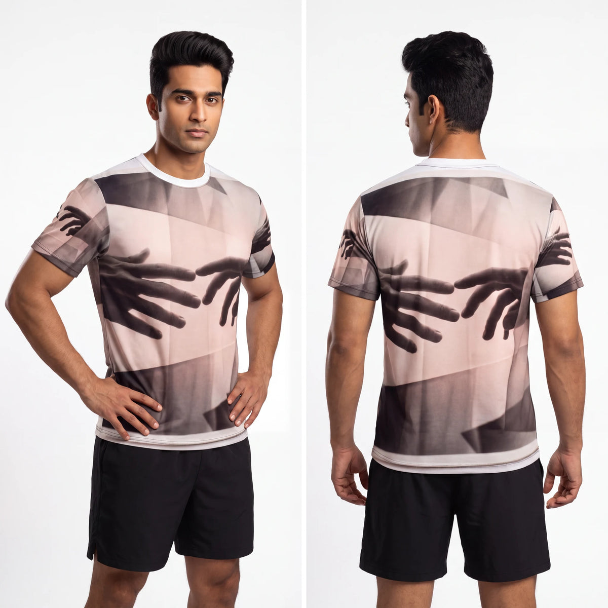 Men's Cut and Sew Tee with Reaching Hands Art