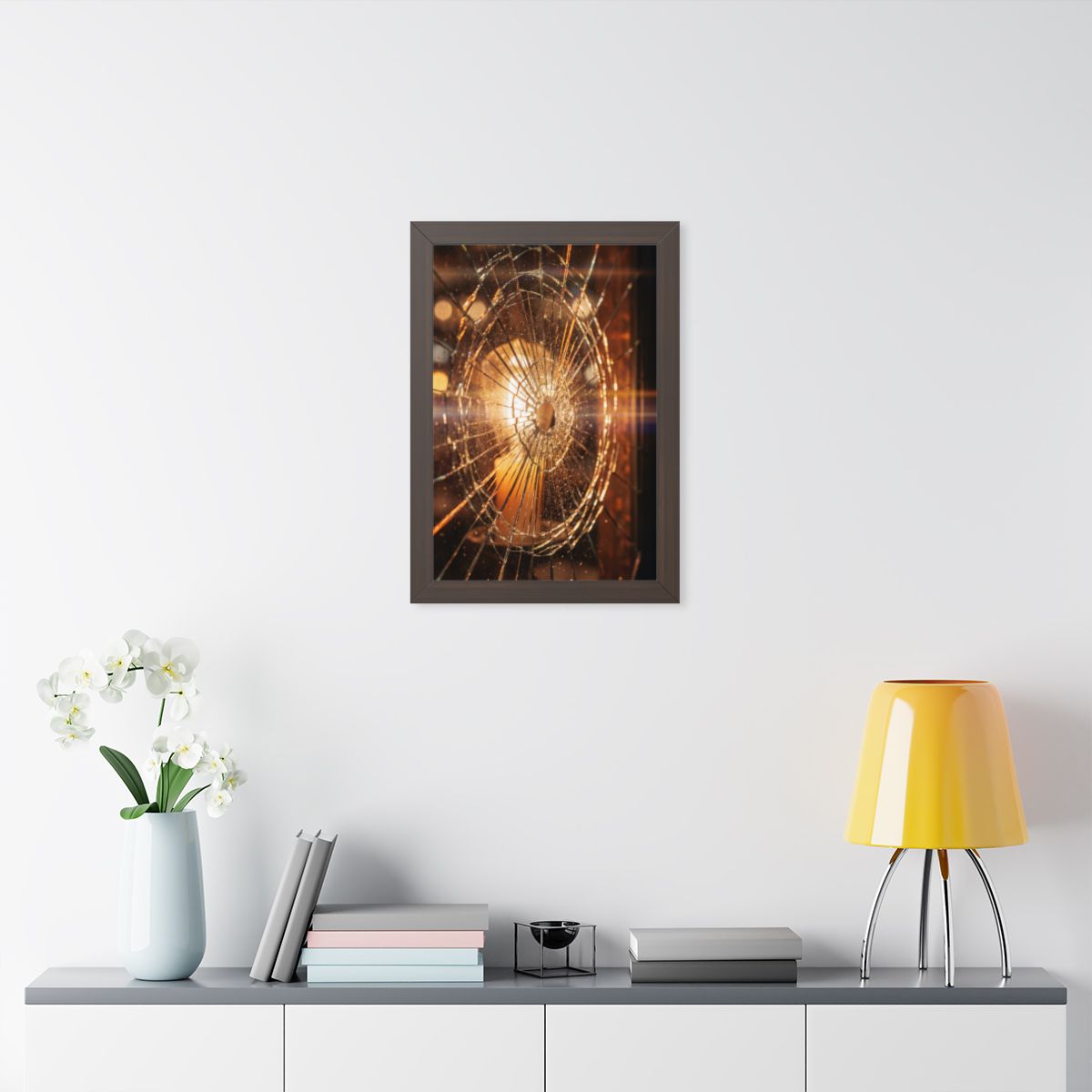 Framed Vertical Poster - Shattered Amber Glass Art — Walnut...