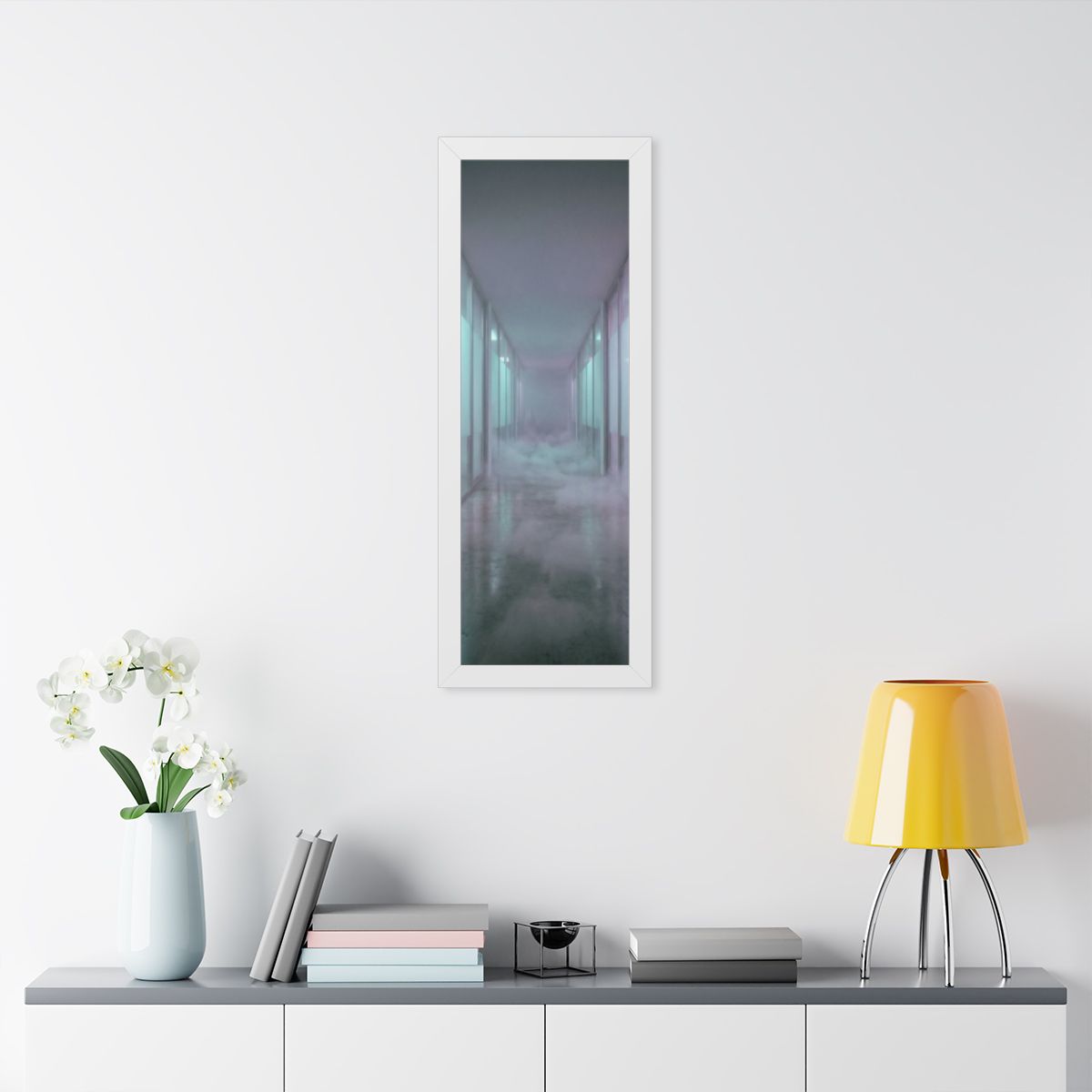 Framed Vertical Poster - Liminal Corridor Fog Art Print —......