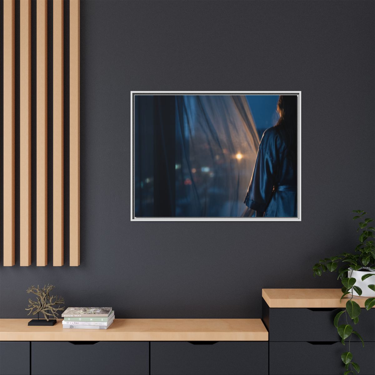 Matte Canvas, Framed - Nocturnal Solitude Silhouette — White...
