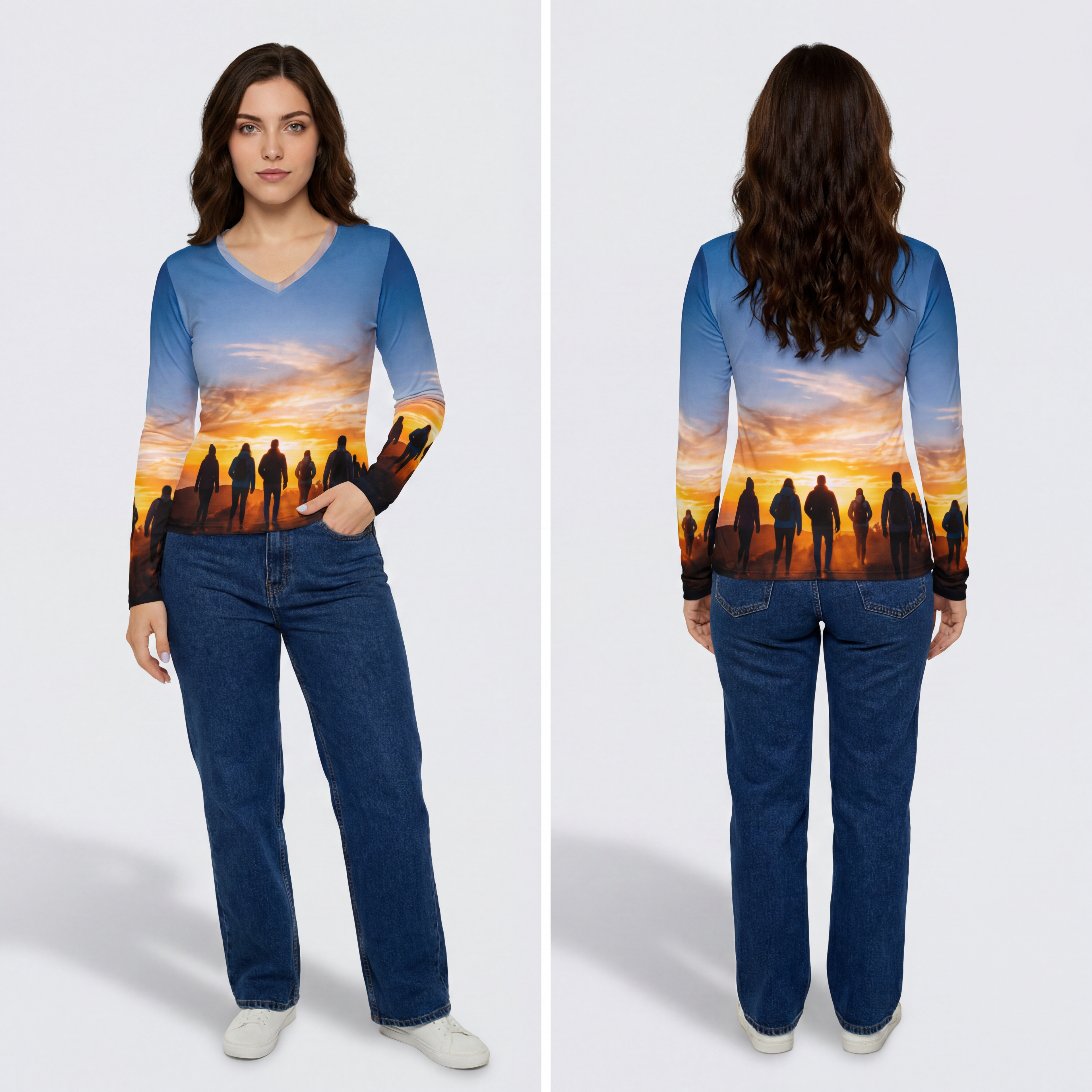 Women's Long Sleeve V-neck - Sunrise Journey