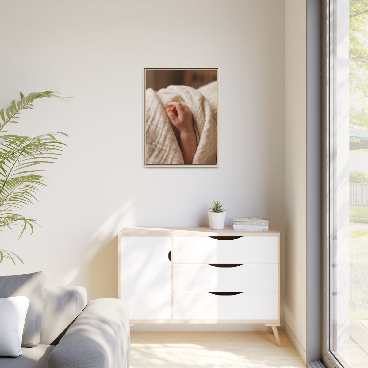 Matte Canvas, Framed - Tender Newborn Hand in Soft Muslin......