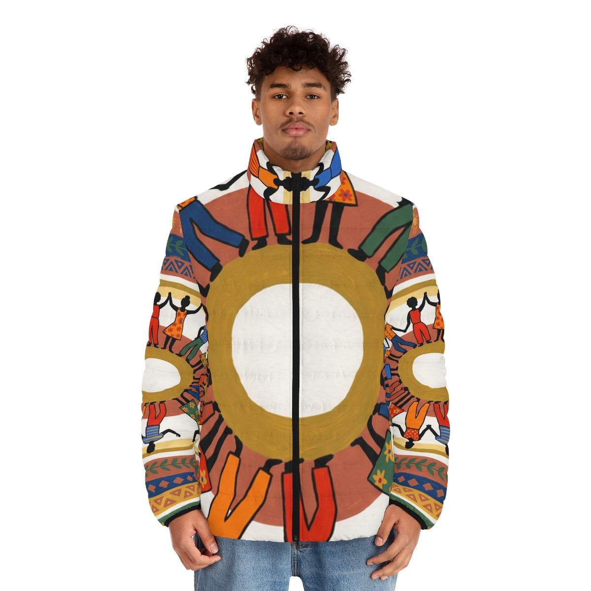 Men's Puffer Jacket - Unity Mandala Folk Art | Echovira...