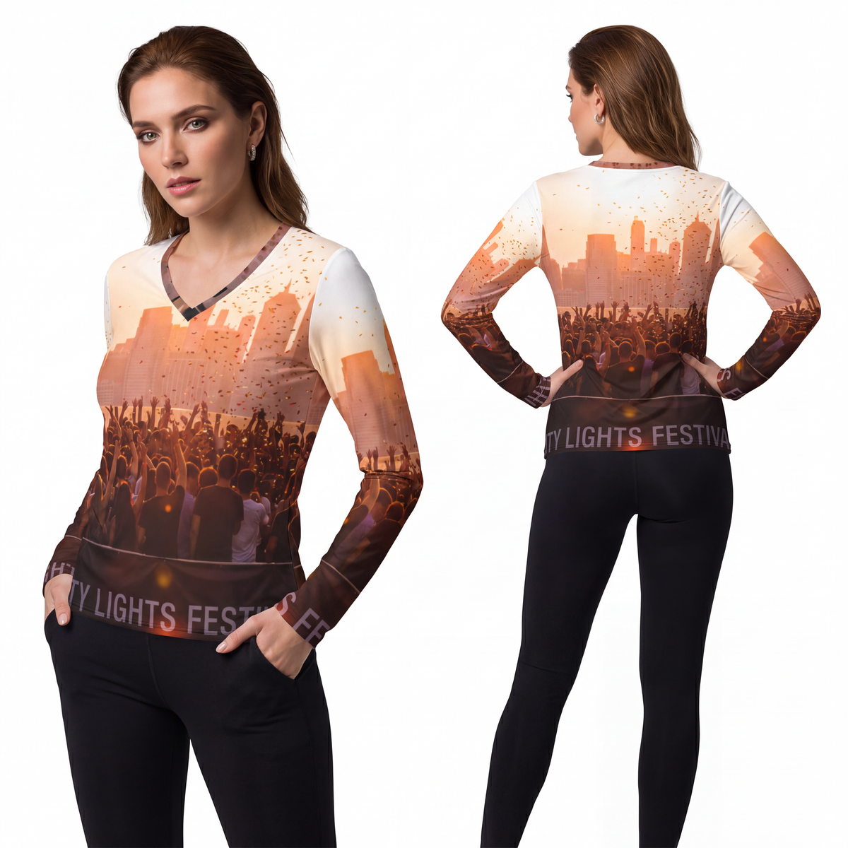 Women's Long Sleeve V-Neck - City Lights | Echovira Gallery