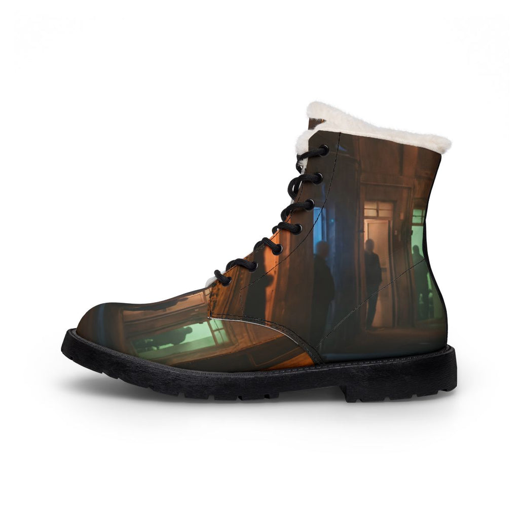 Men's Fur and Leather Boots - Shadowed Alleyway Mystery Art...