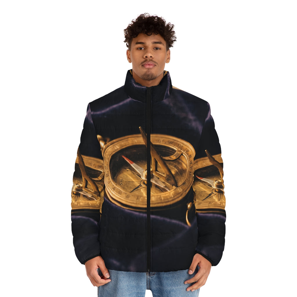 Men's Puffer Jacket Vintage Brass Sundial Art