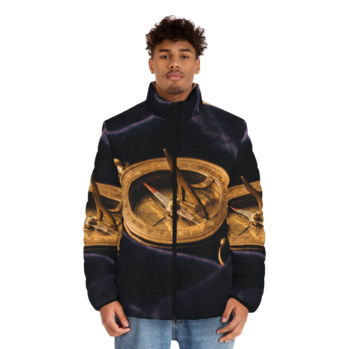 Men's Puffer Jacket Vintage Brass Sundial Art