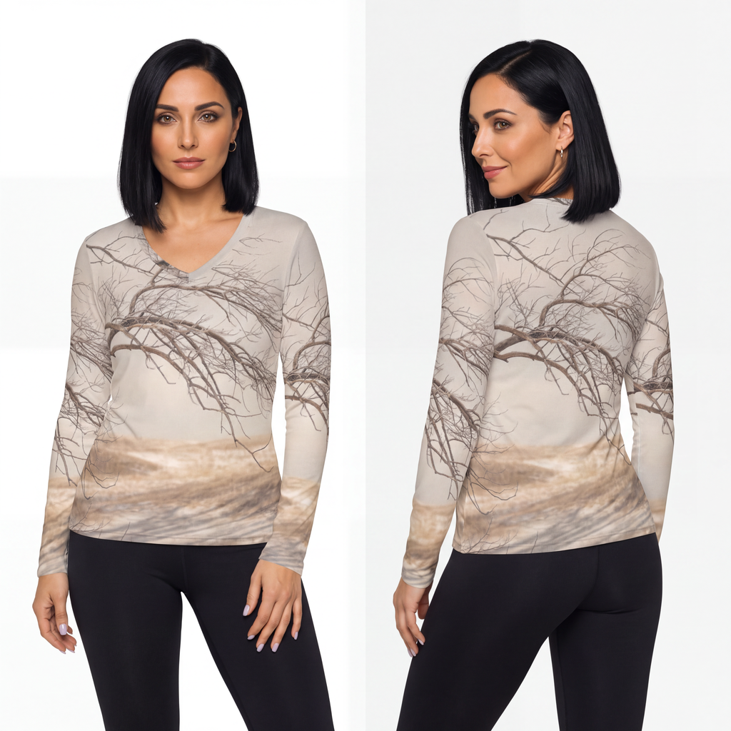 Women's Long Sleeve V-neck Shirt - Winter Branch Solitude......