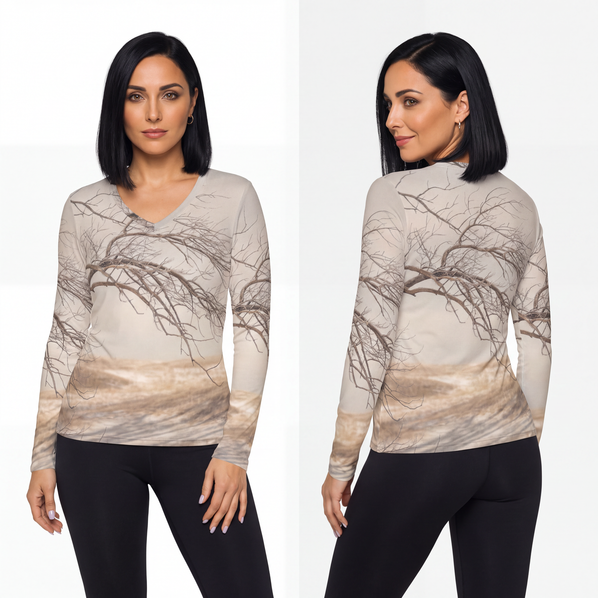 Women's Long Sleeve V-neck Shirt - Winter Branch Solitude......