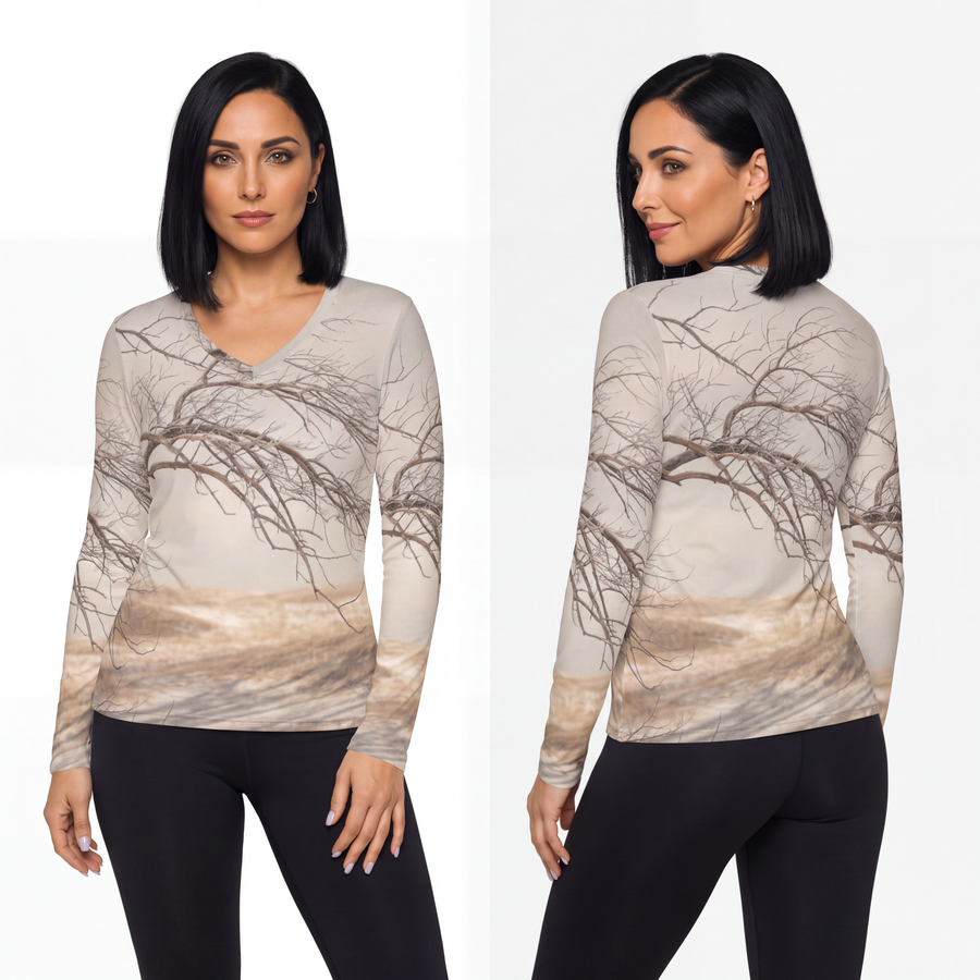Camiseta manga longa feminina gola V - Solidão invernal