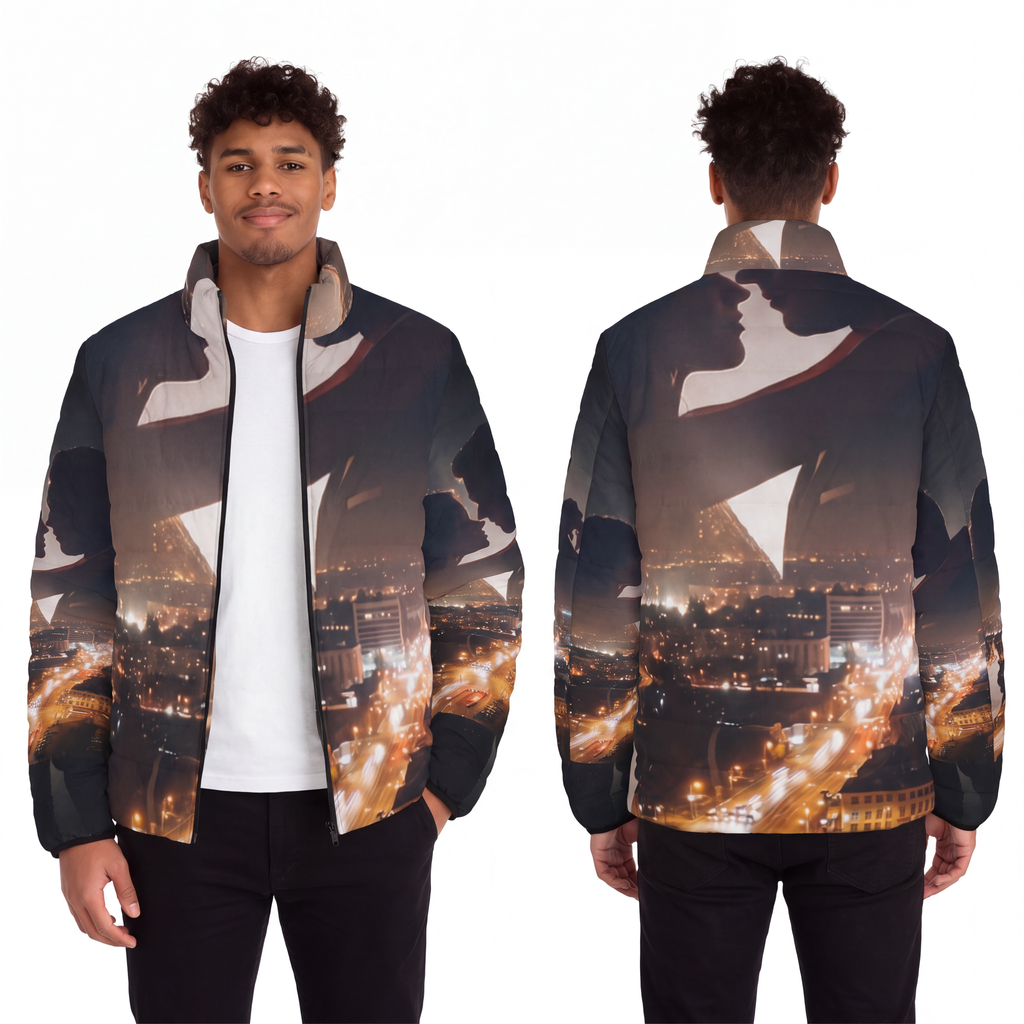 Men's Puffer Jacket - Midnight City Skyline | Echovira...