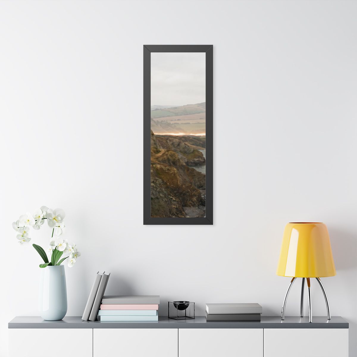 Framed Vertical Poster - Moody Coastal Cliffs Horizon Art —...