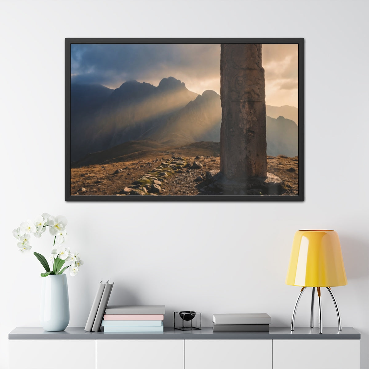 Framed Posters - Ancient Stone Column Mountain Sunset Art......