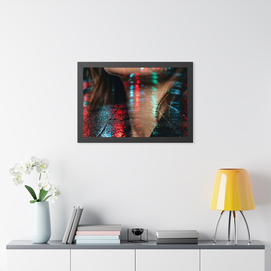 Framed Horizontal Poster - Neon Dreams Rain Portrait — Black...
