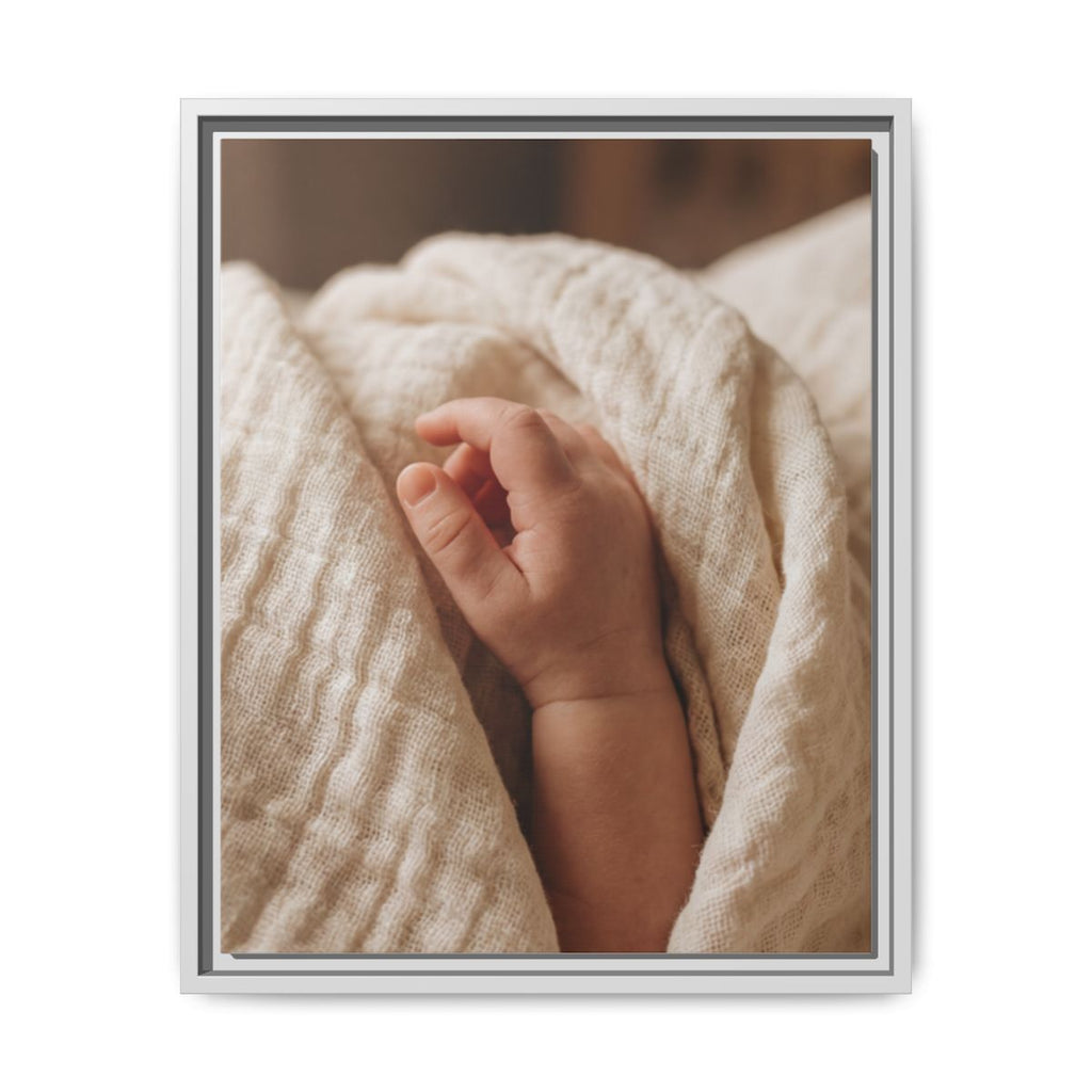 Framed Matte Canvas - Tender Newborn Hand (8×10, 9×12, 11×14, 12×16, 10×20, 12×18, 16×20, 16×24, 18×24, 12×36, 20×24, 16×32, 20×30, 24×30, 24×32, 16×48, 24×36, 24×48, 30×40, 20×60, 32×48, 30×60 & 40×60)