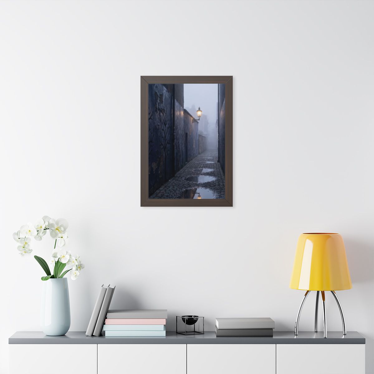 Framed Vertical Poster - Cobblestone in Mist — Walnut... |...