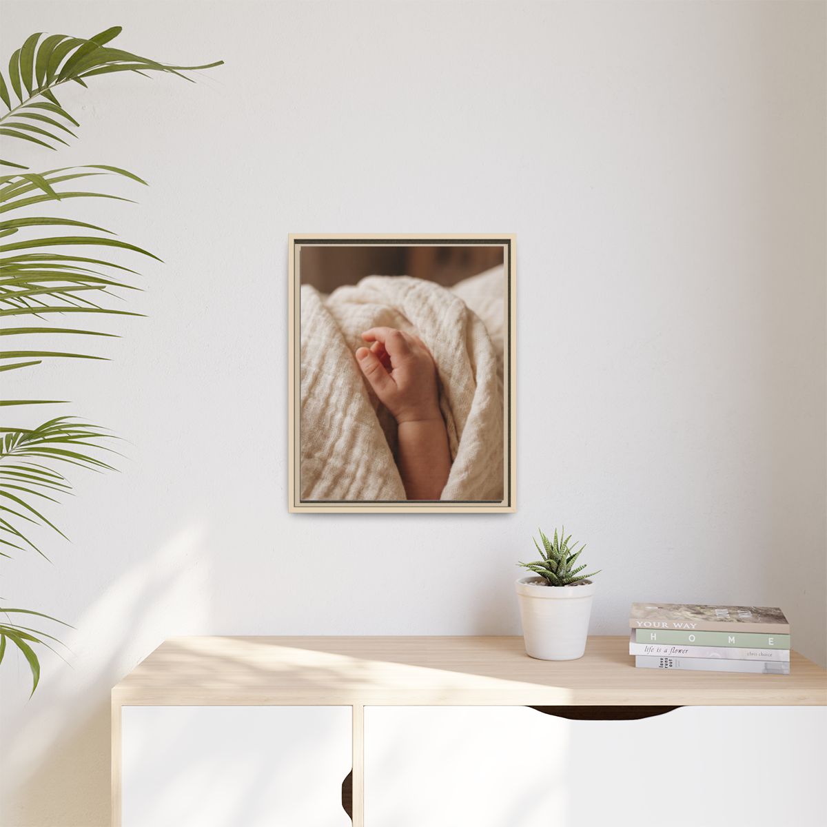 Matte Canvas, Framed - Tender Newborn Hand in Soft Muslin......