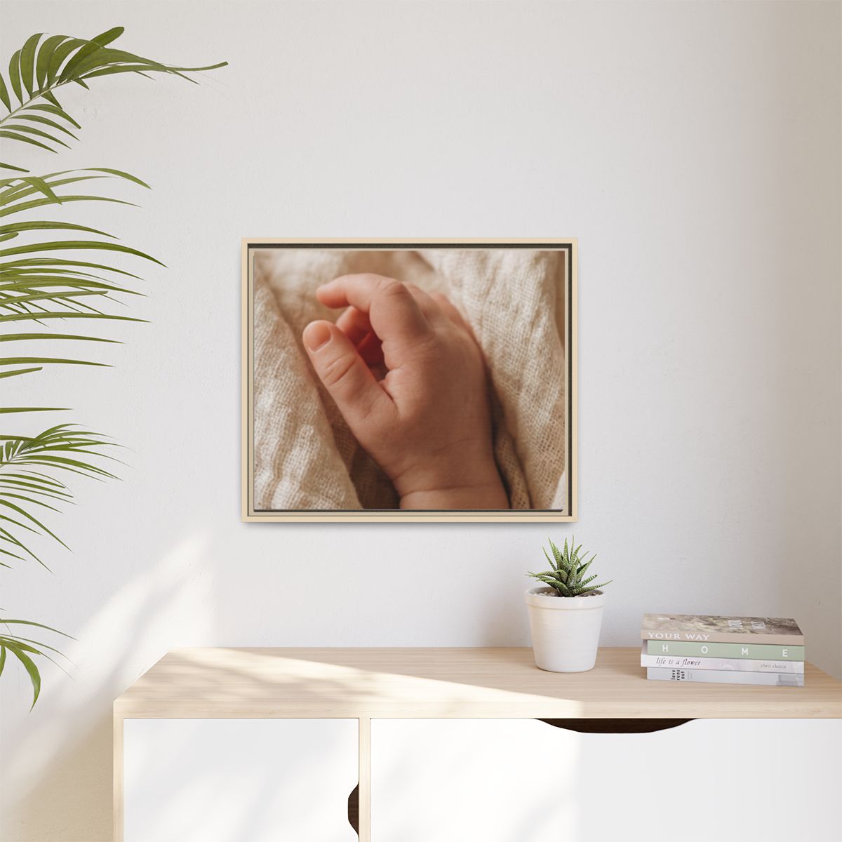 Matte Canvas, Framed - Tender Newborn Hand in Soft Muslin......