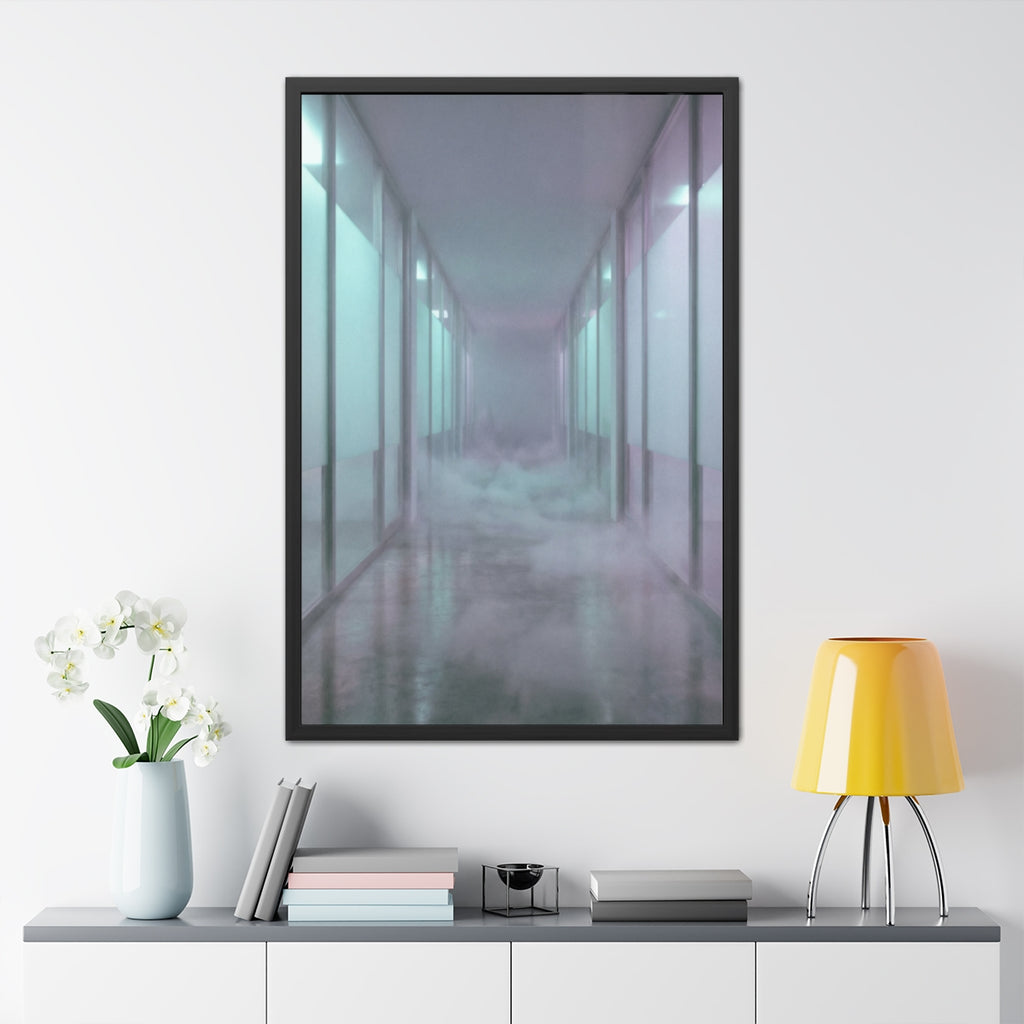 Framed Posters - Liminal Corridor Fog Art Print — Portrait...