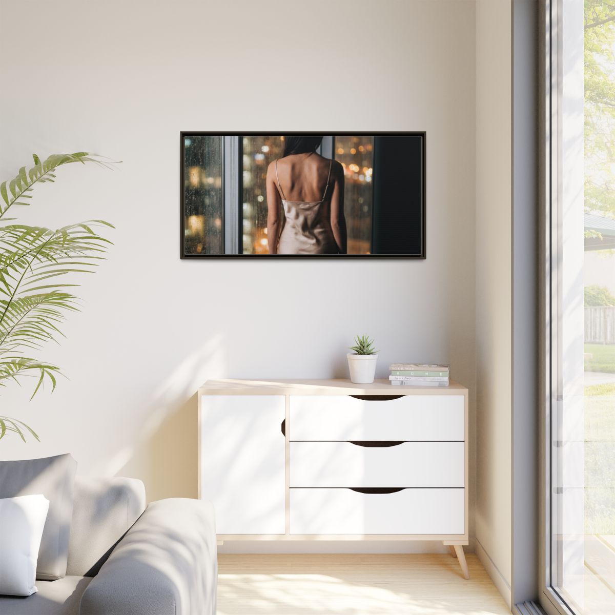 Matte Canvas, Framed - Rainy City lights Glow — Espresso /...