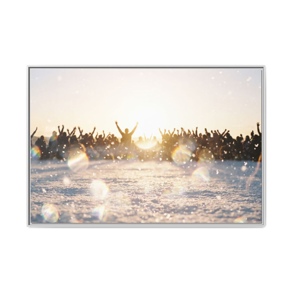 Framed Canvas Landscape Crowd Art in White Frame