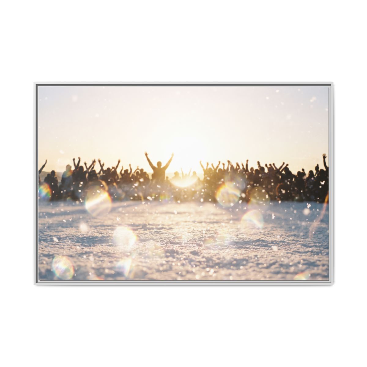 Framed Canvas Landscape Crowd Art in White Frame