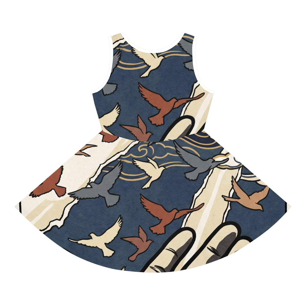 Girls' Sundress with Japanese Bird Woodblock Art
