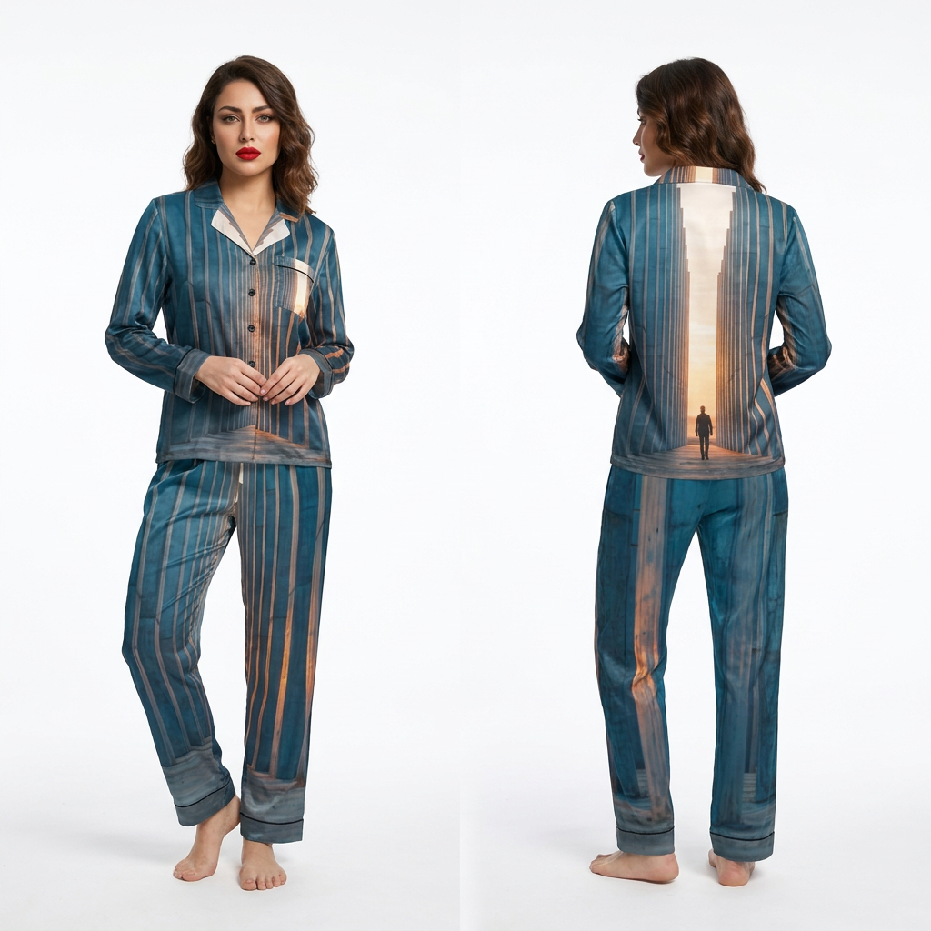 Women's Satin Pajamas with Concrete Monolith Art