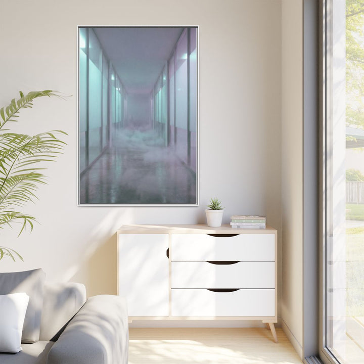 Matte Canvas, Framed - Liminal Corridor Fog Art Print — White / 1.25" (8×10, 9×12, 11×14, 12×16, 10×20, 12×18, 16×20, 16×24, 18×24, 12×36, 20×24, 16×32, 20×30, 24×30, 24×32, 16×48, 24×36, 24×48, 30×40, 20×60, 32×48, 30×60 & 40×60)