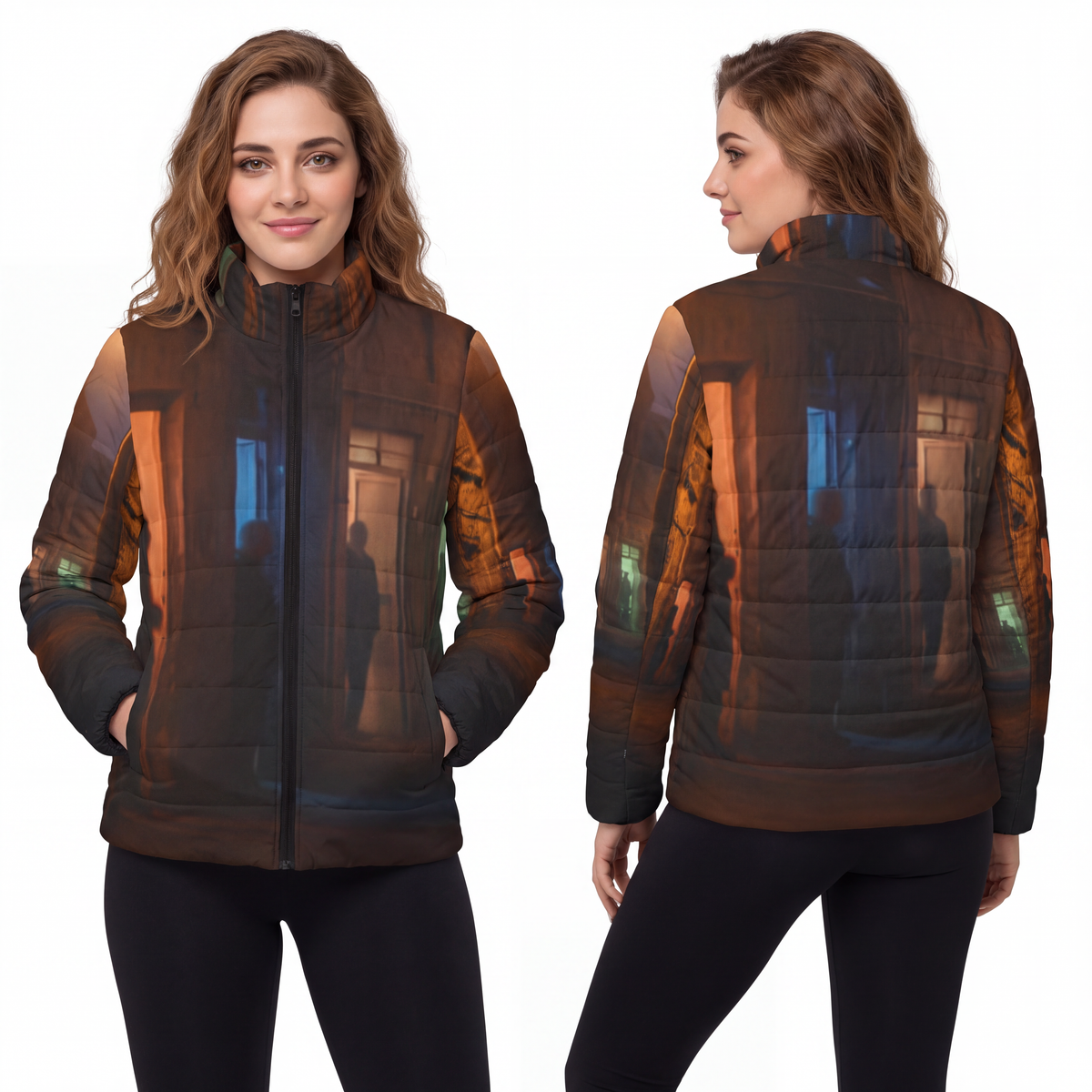 Women's Puffer Jacket - Shadowed Alleyway Mystery Art Print...